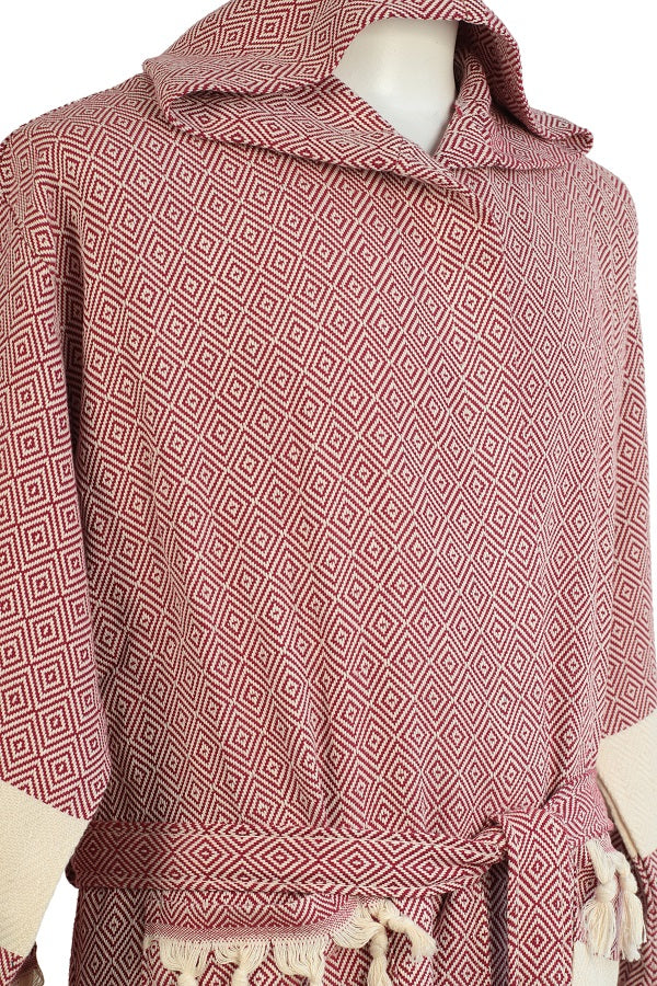 4 Pieces Claret Red Color Diamond Designed Hooded Peshtemal Bathrobe