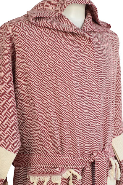 4 Pieces Claret Red Color Diamond Designed Hooded Peshtemal Bathrobe