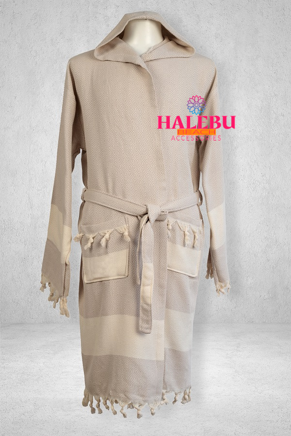 Cream Color Diamond Design Hooded Peshtemal Bathrobe