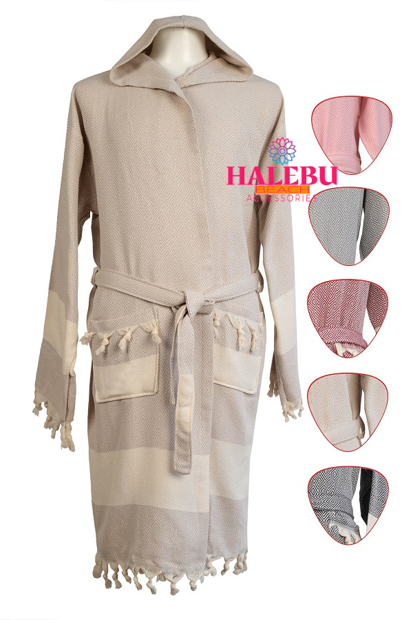 4 Pieces Cream Color Diamond Designed Hooded Peshtemal Bathrobe