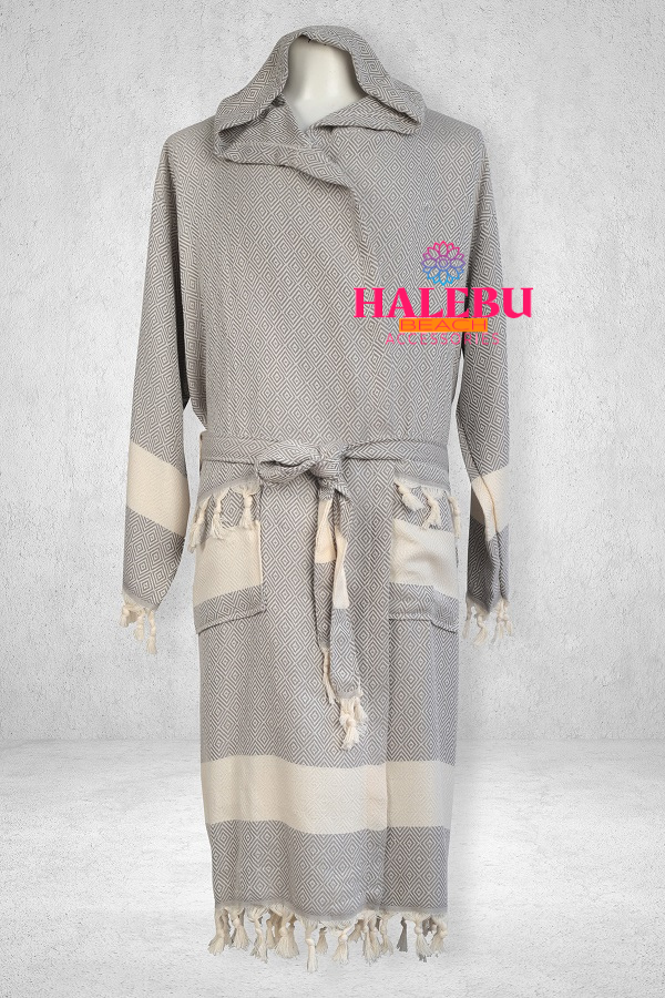 Gray Color Diamond Design Hooded Peshtemal Bathrobe