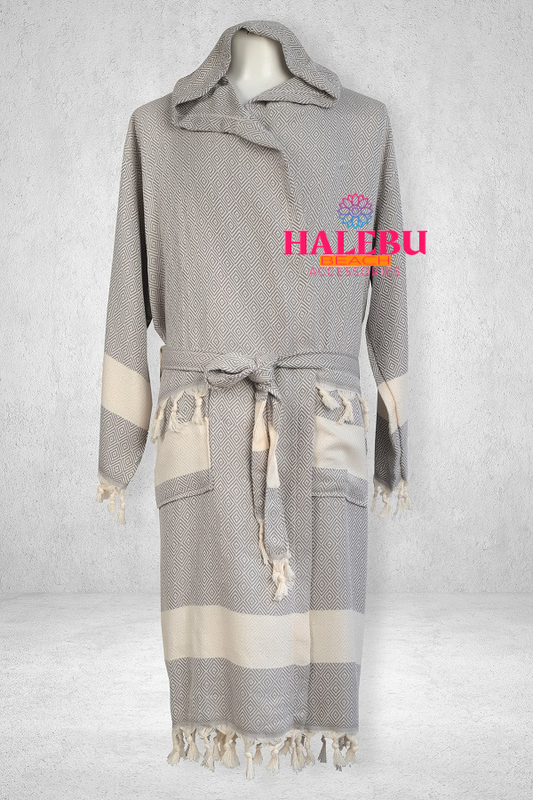 Gray Color Diamond Design Hooded Peshtemal Bathrobe