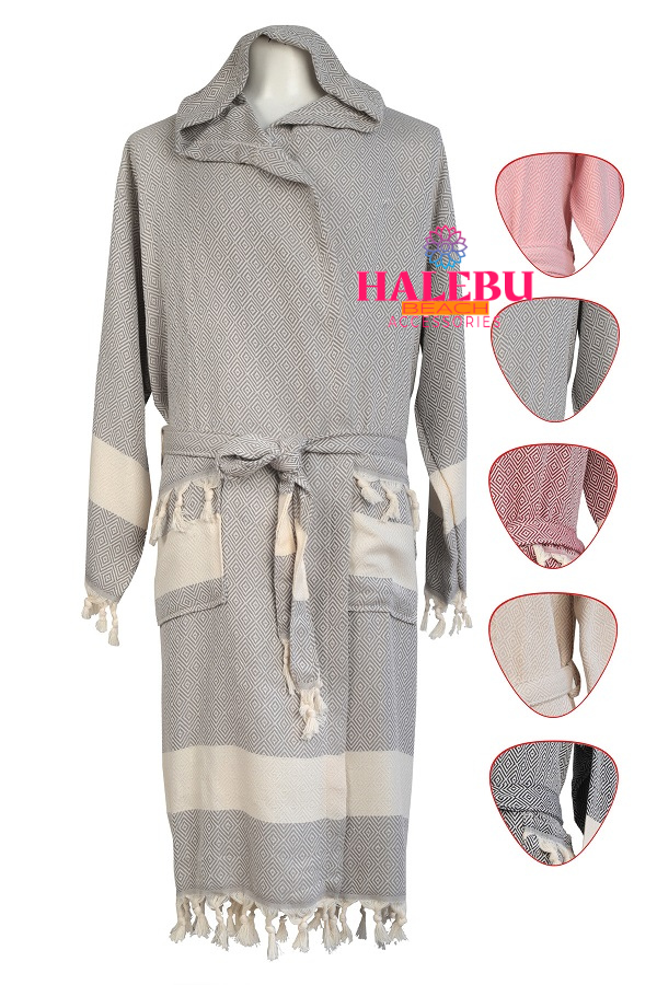 4 Pieces Gray Color Diamond Designed Hooded Peshtemal Bathrobe