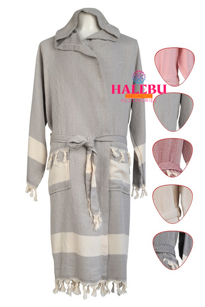 4 Pieces Gray Color Diamond Designed Hooded Peshtemal Bathrobe