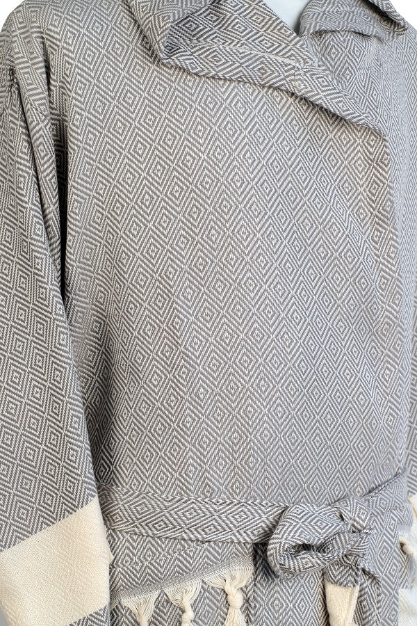 Gray Color Diamond Design Hooded Peshtemal Bathrobe