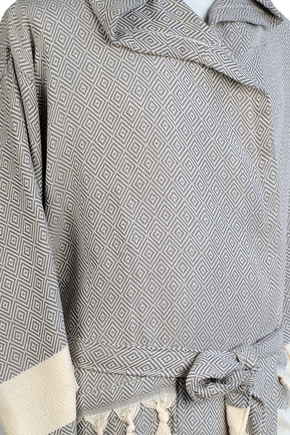 4 Pieces Gray Color Diamond Designed Hooded Peshtemal Bathrobe