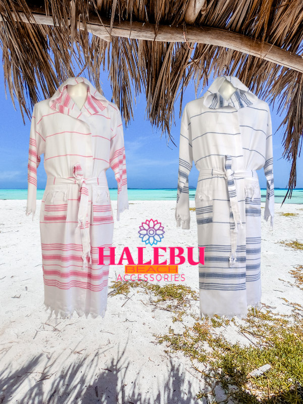 4 Pieces Pink White Striped Hooded Peshtemal Bathrobe