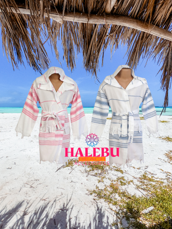5 Pieces Blue White Striped and 5 Pieces Pink White Striped Hooded Peshtemal Kid Bathrobe