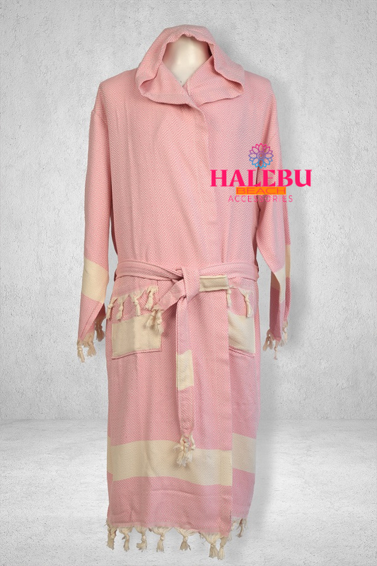 Pink Color Diamond Design Hooded Peshtemal Bathrobe