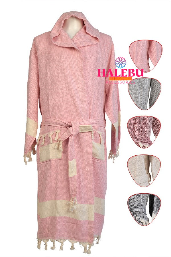 4 Pieces Pink Color Diamond Designed Hooded Peshtemal Bathrobe