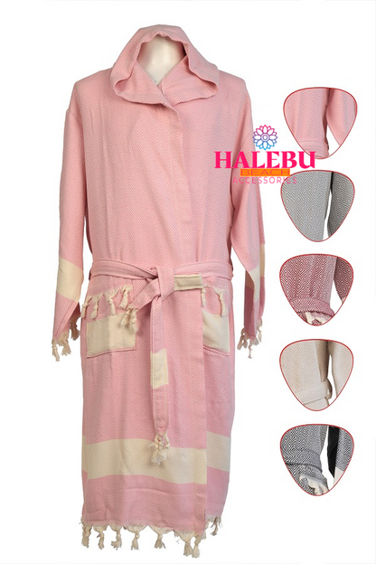 4 Pieces Pink Color Diamond Designed Hooded Peshtemal Bathrobe