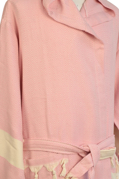 4 Pieces Pink Color Diamond Designed Hooded Peshtemal Bathrobe