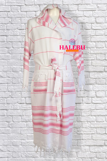 Pink White Striped Hooded Peshtemal Bathrobe
