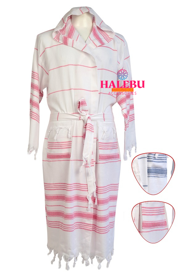 4 Pieces Pink White Striped Hooded Peshtemal Bathrobe