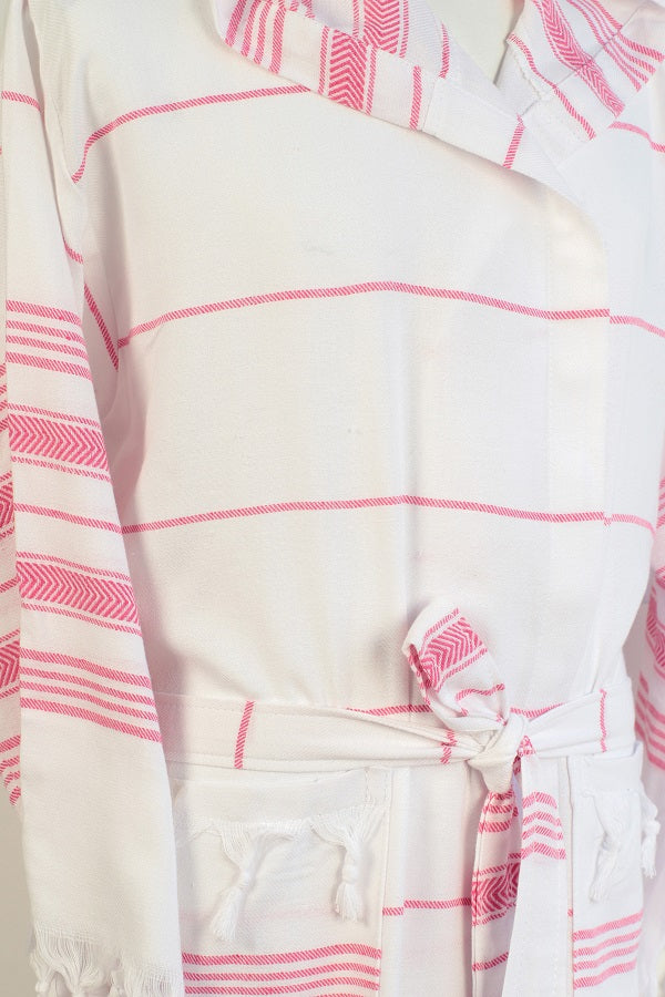 4 Pieces Pink White Striped Hooded Peshtemal Bathrobe