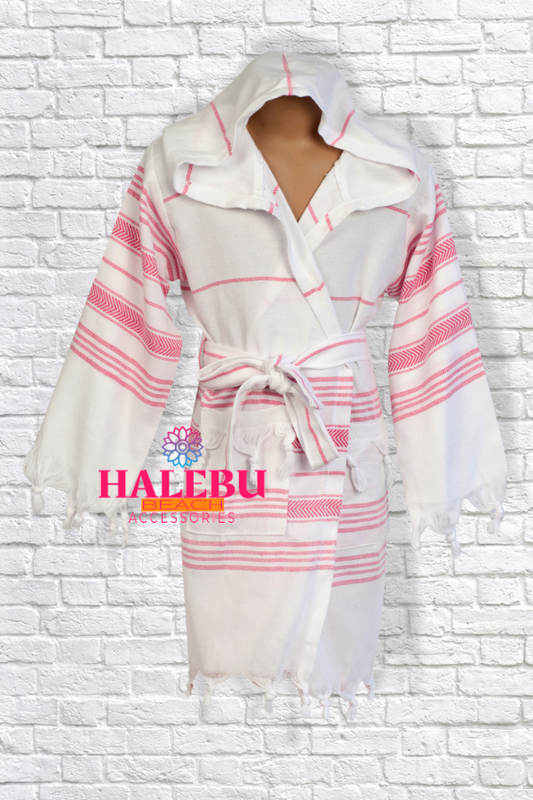 Pink and White Striped Hooded Peshtemal Kid Bathrobe