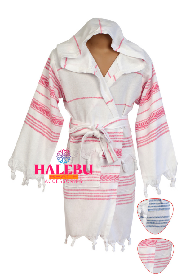 10 Pieces Pink White Striped Hooded Peshtemal Kid Bathrobe