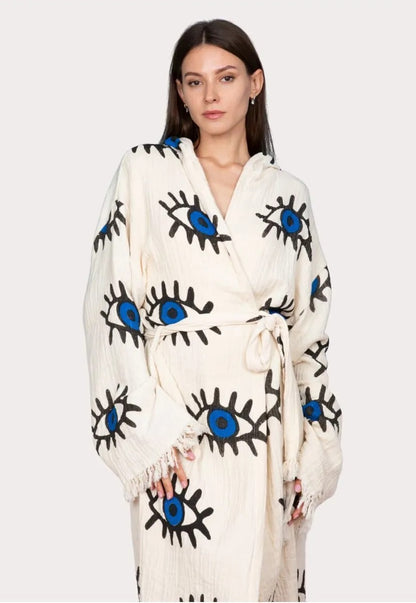 Blue Eye Printed Muslin Cotton Hooded Peshtemal Bathrobe