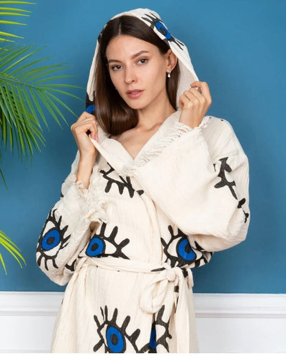 Blue Eye Printed Muslin Cotton Hooded Peshtemal Bathrobe