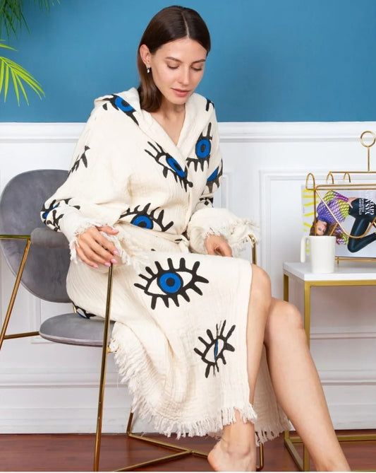 Blue Eye Printed Muslin Cotton Hooded Peshtemal Bathrobe