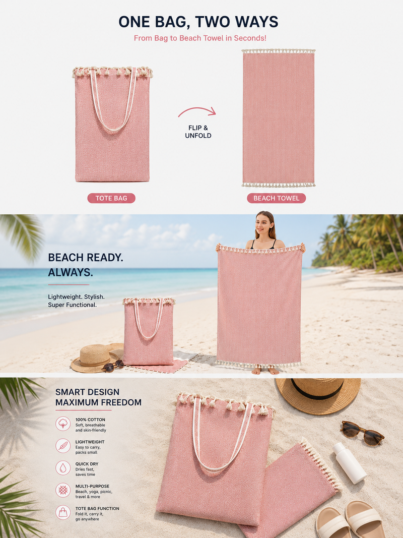 18 Pieces Peshtemal and Beach Bag in One 100% Cotton