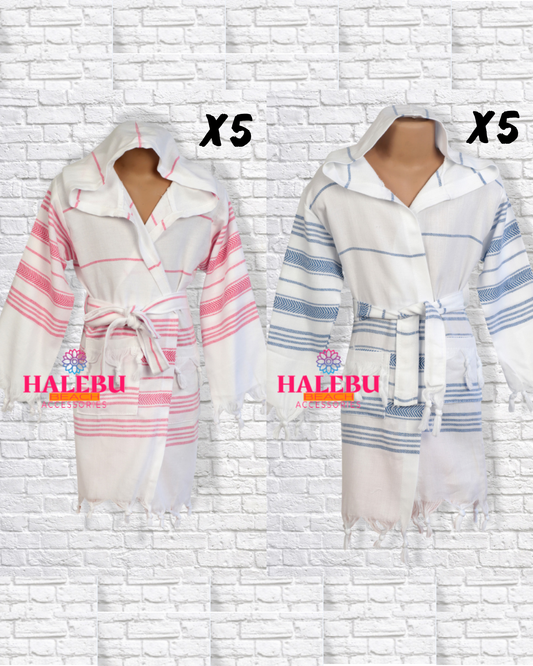 5 Pieces Blue White Striped and 5 Pieces Pink White Striped Hooded Peshtemal Kid Bathrobe