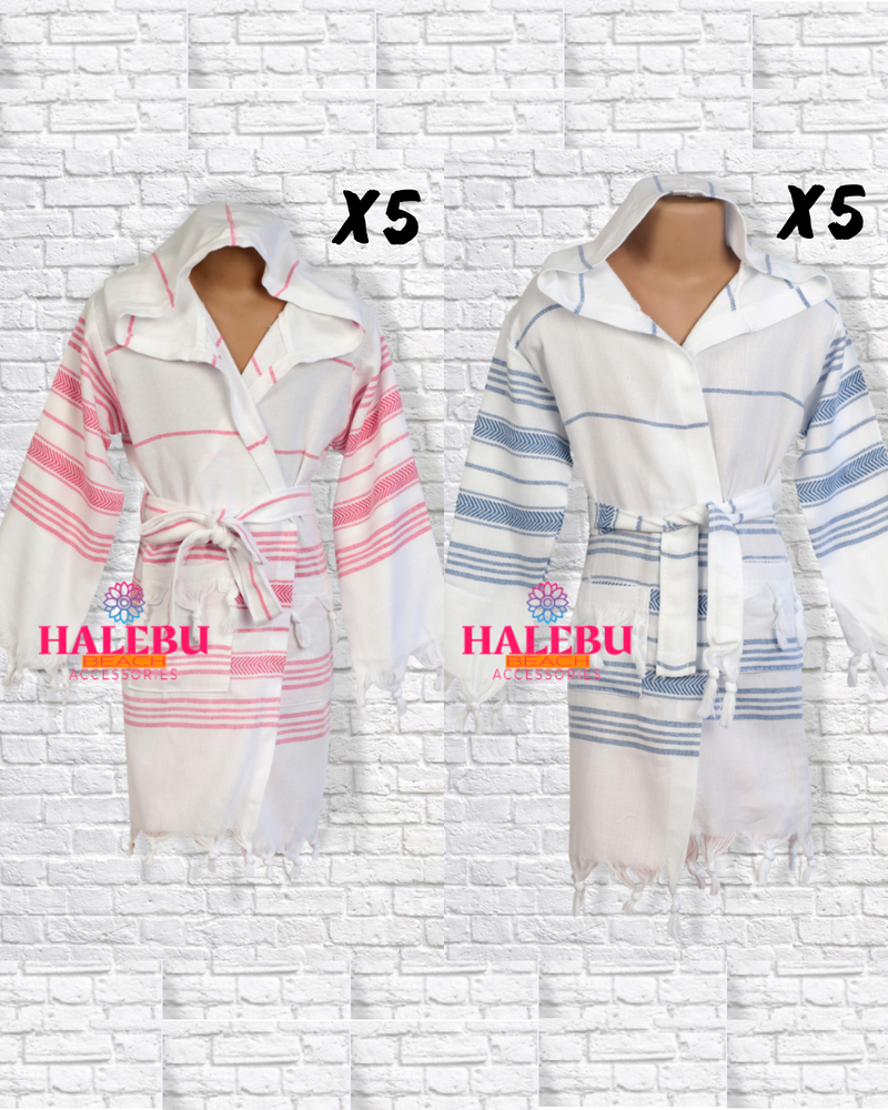 5 Pieces Blue White Striped and 5 Pieces Pink White Striped Hooded Peshtemal Kid Bathrobe