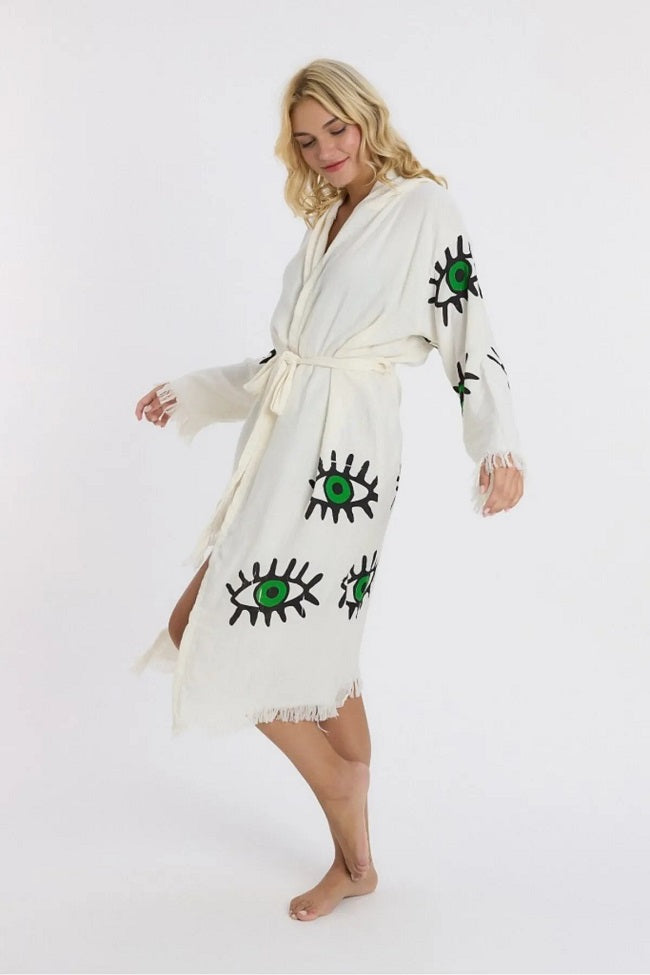 Green Eye Printed Muslin Cotton Hooded Peshtemal Bathrobe