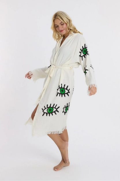 Green Eye Printed Muslin Cotton Hooded Peshtemal Bathrobe