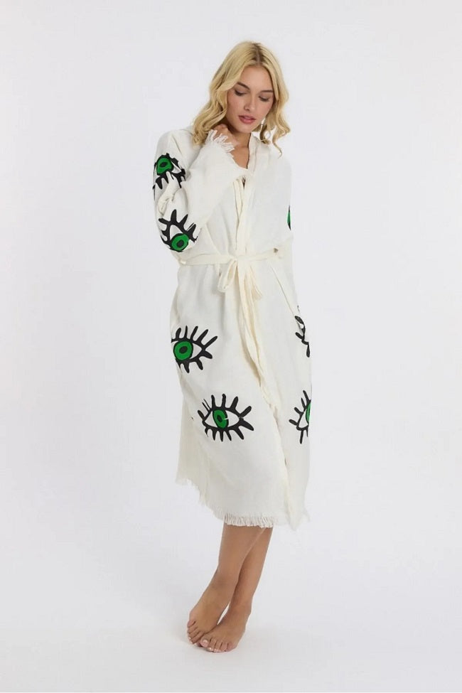 Green Eye Printed Muslin Cotton Hooded Peshtemal Bathrobe