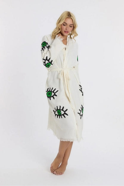 Green Eye Printed Muslin Cotton Hooded Peshtemal Bathrobe